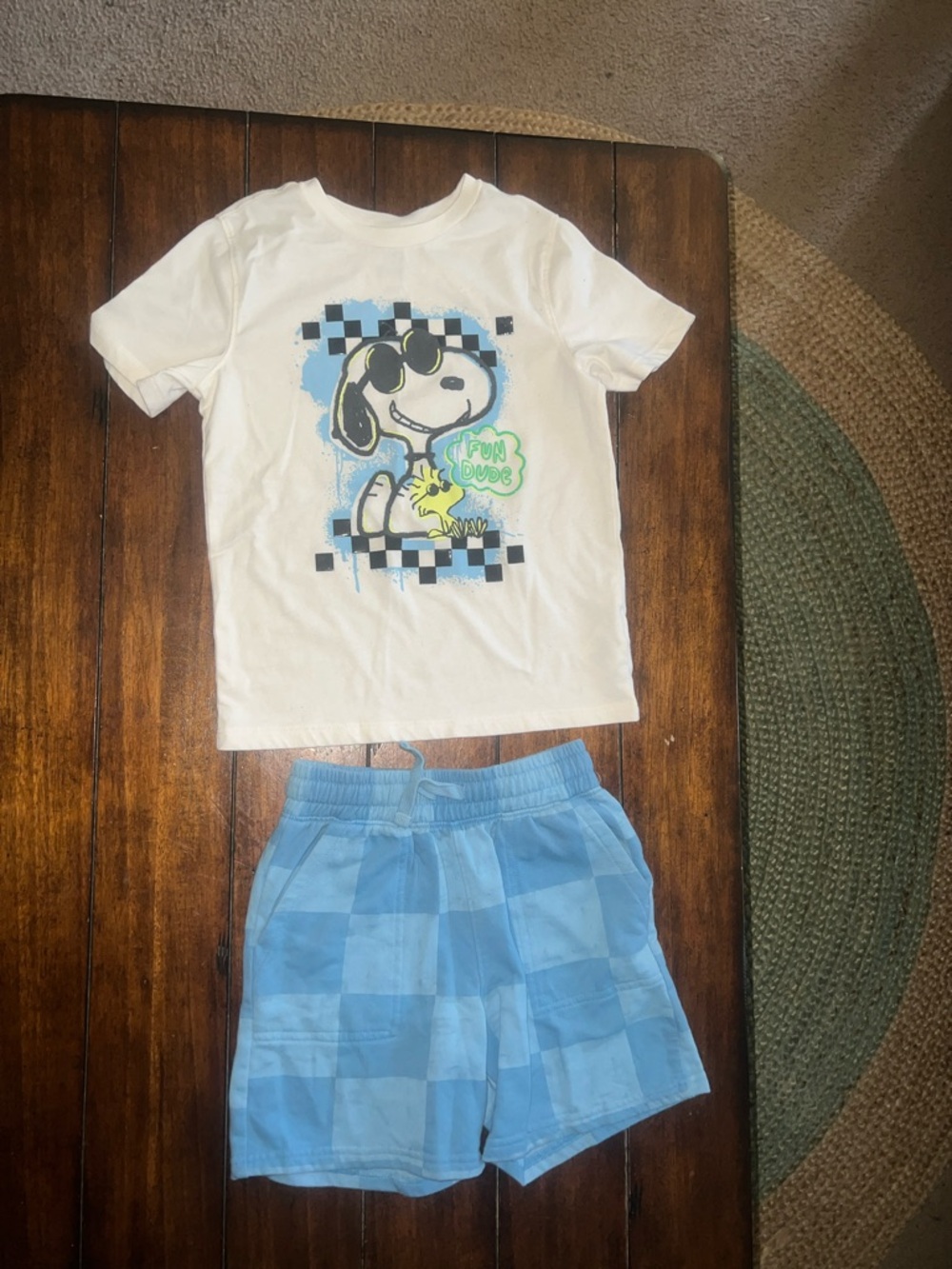 🎉🎉 5 for $20🎉🎉 Snoopy 'Fun Dude' White Graphic Tee & Light Blue Check Shorts